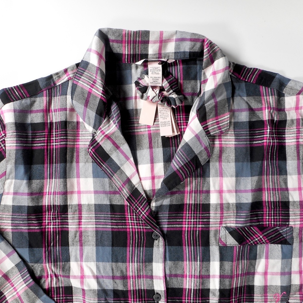 NWT Victoria Secret Flannel Pajama Set XXL 3pc Lounge Black Gray Hot Pink Plaid - Picture 3 of 15